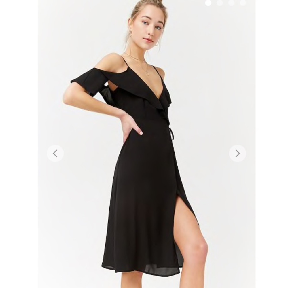 Open-Shoulder Flounce Wrap Dress